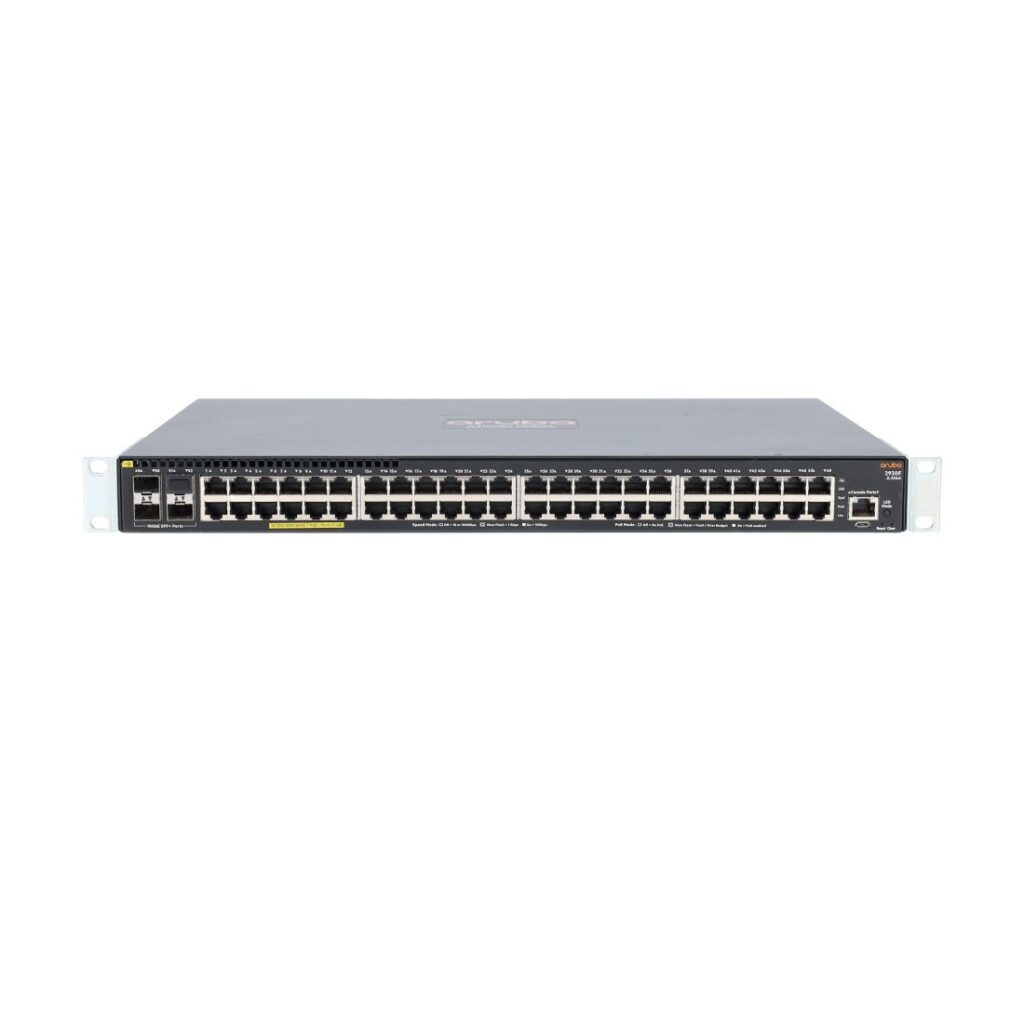 Switch HPE Aruba 2930F modelo JL256A con 48 puertos RJ-45 PoE+ y 4 puertos SFP+ de 10Gbps